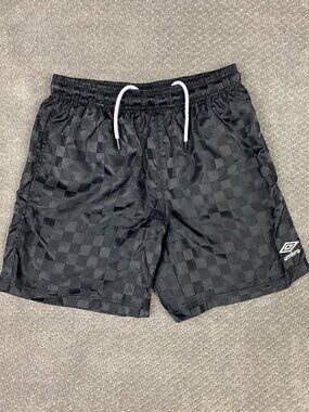 Umbro Checkered Shorts Men's Medium Black Shiny Nylon Soccer Running Training